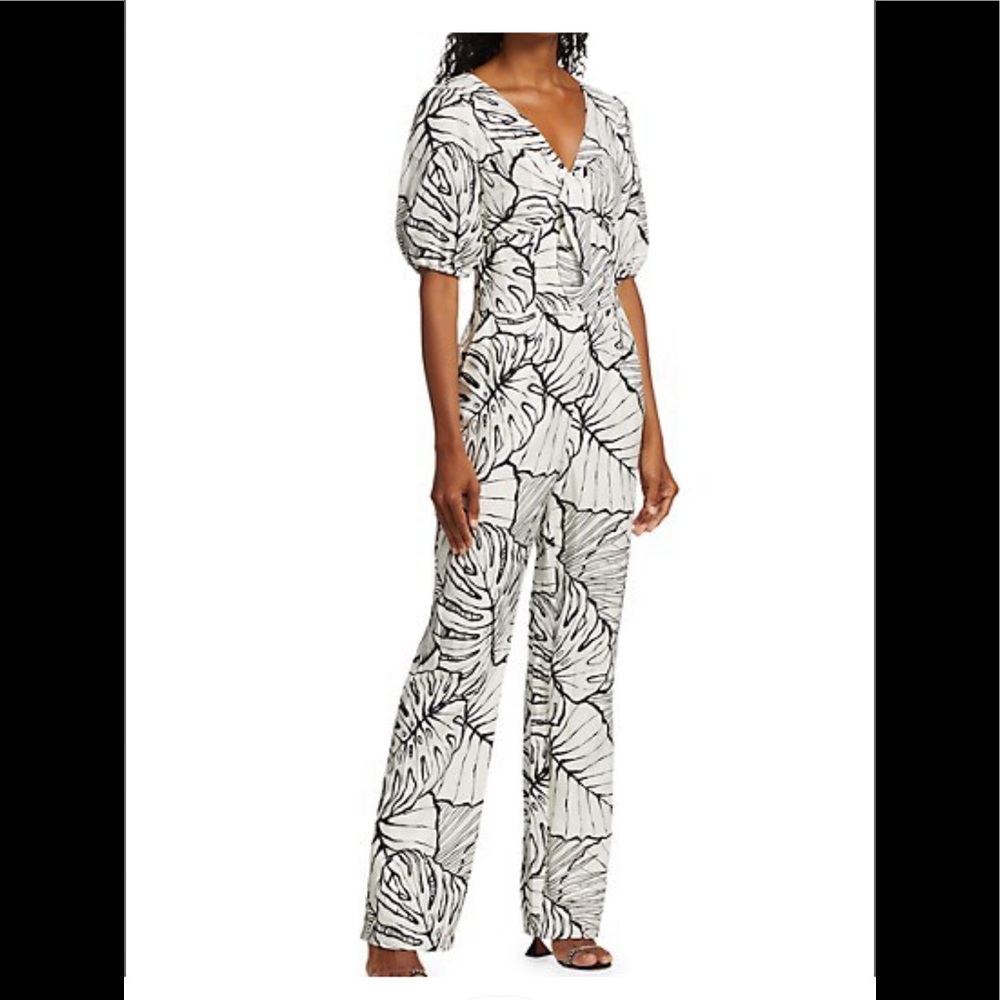 Marchesa Puff-Sleeve Front-Tie Linen Jumpsuit, SZ 6, new, $ 495
